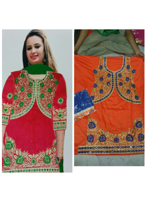 Orange Jam Cotton Silk All Over Punjabi Salwar Suit With Chiffon Blue Duppta at Zikimo