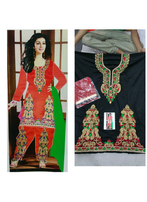 Ayesha Takia Black Jam Cotton Silk All Over Punjabi Salwar Suit With Chiffon Red Duppta at Zikimo