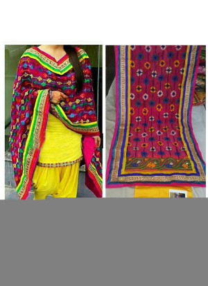 Yellow Jam Cotton Silk All Over Punjabi Salwar Suit With Magenta Phulkari Duppta at Zikimo