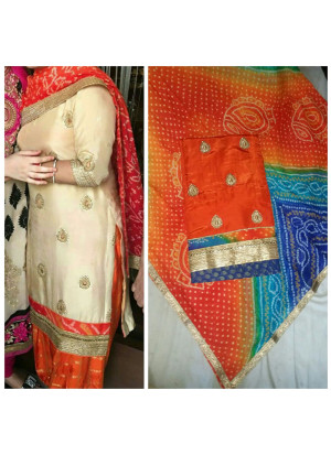 Orange Pure Dupiun Banarsi Punjabi Salwar Suit With Bandhani Duppta at Zikimo