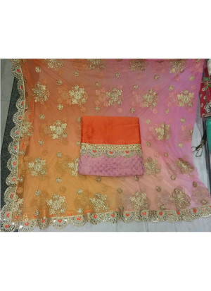 Pink Orange Ombre Pure Charlie Silk Punjabi Salwar Suit With Net Double Shade Duppta at Zikimo