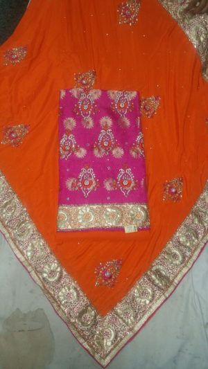 Magenta Pure Dupiun Punjabi Salwar Suit With Orange Chiffon Duppta At Zikimo