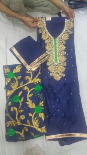 Royal BlueGreen Pure Dupiun Punjabi Salwar Suit With Chiffon Duppta At Zikimo