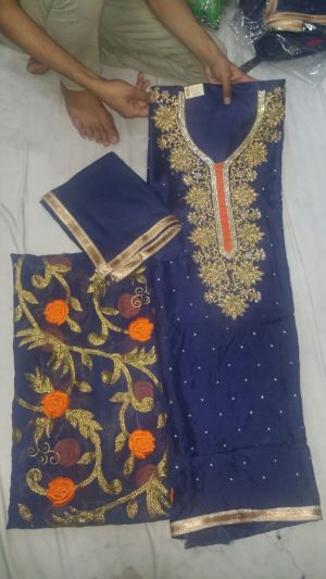 Royal Blue Orange Pure Dupiun Punjabi Salwar Suit With Chiffon Duppta At Zikimo