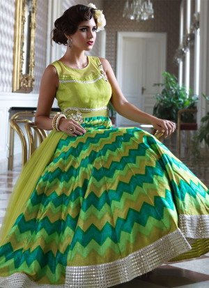 Bhagalpuri Silk Printed Lime Color Anarkali Suit53 best For Wedding Party Ceremony at Zikimo