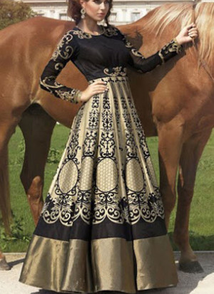 Bhagalpuri Silk Printed Golden Black Anarkali Suit54 best For Wedding Party Ceremony at Zikimo