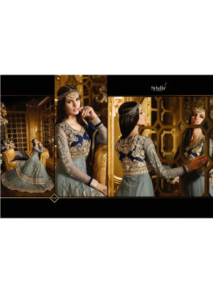 Grey Silk & Net Indian Wedding Party Wear Salwar Kameez With Blue Yoke At Zikimo