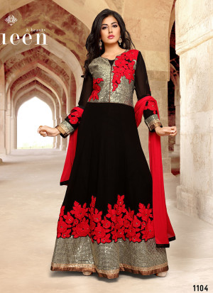 Georgette Red Black With Silver 1104 Floor Length Anarkali Party Wear Suit at Zikimo