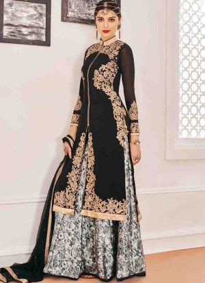 Black White805 Georgette Silk Print  Indian Wedding Wear Embroidred Lehenga Choli At Zikimo
