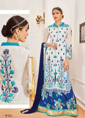 Off White & Blue806 Georgette Silk Print  Indian Wedding Wear Embroidred Lehenga Choli At Zikimo
