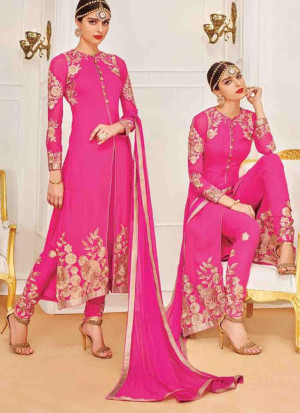 Pink807 Georgette Indian Wedding Wear Embroidred Straight Suit At Zikimo
