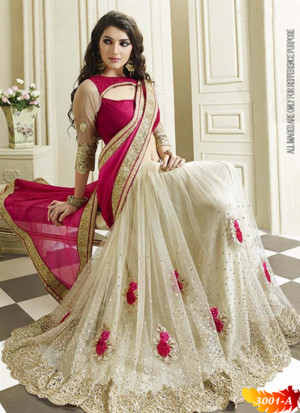Cream Magenta Net and Georgette Party Wear Indian Saree at Zikimo