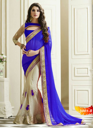 Cream Blue Net and Georgette Party Wear Indian Saree at Zikimo