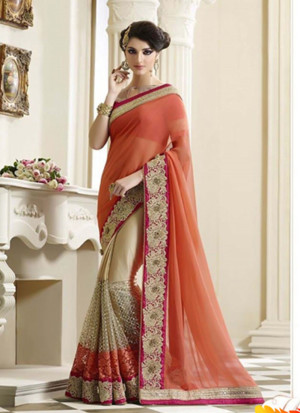 Light Orange and Biege Georgette Party Wear Indian Saree at Zikimo