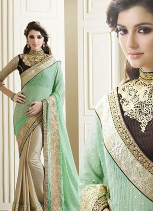 TriColor Green Black and Tan Color Georgette Party Wear Indian Saree at Zikimo