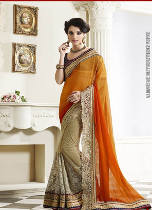 Biege and Orange Georgette Party Wear Indian Saree at Zikimo