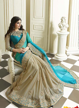 Grey and Blue Georgette Party Wear Indian Saree at Zikimo