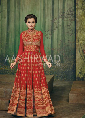 Red Color3002 Diya Mirza Georgette Indian Wedding Wear Embroidred Suit at Zikimo