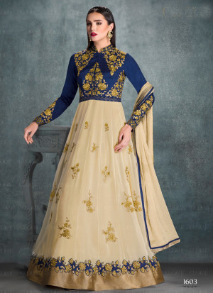 Gulzar NavyBlue Tan1603 Georgette Embroidered Indian Wedding Anarkali Suit at Zikimo