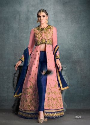 Gulzar Pink Blue1605 BangloriSilk Embroidered Indian Wedding Pants Suit at Zikimo