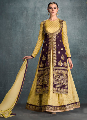 Gulzar Purple Tan1606 BangloriSilk Embroidered Jacket Style Floor Length Anarkali Suit  at Zikimo