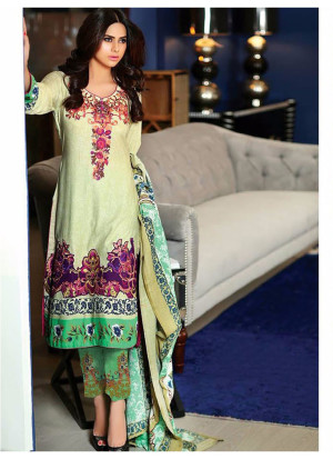 OliveGreen and Green01 Embroidered Lawn Pakistani Style Indian Suit At Zikimo