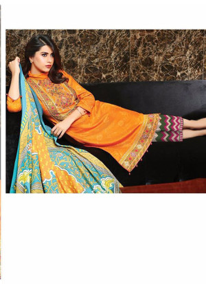 Orange and Multicolor06 Embroidered Lawn Pakistani Style Indian Suit At Zikimo