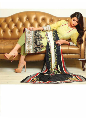 LemonYellow and Black10 Embroidered Lawn Pakistani Style Indian Suit At Zikimo
