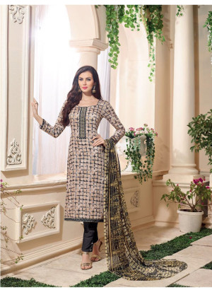 Beige and Black16016 Embroidered Glace Cotton Party Wear Suit At Zikimo