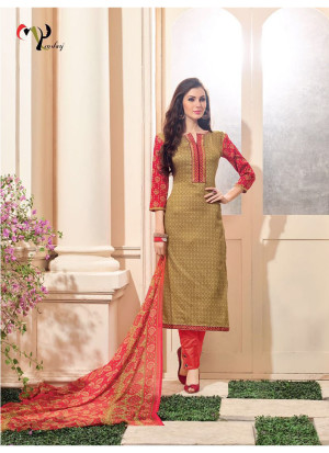 SandyBrown and TomatoRed16021 Embroidered Glace Cotton Party Wear Suit At Zikimo