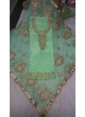 SeaGreen Pure Dupium With Banarasi Embroidered Punjabi Salwar Suit With Net Duppta at Zikimo