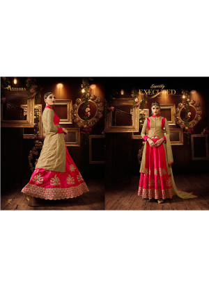 Biege Pink Net SIlk Embroidered Indian Wedding Party Wear Lehenga Choli at Zikimo