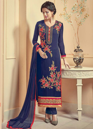 DarkBlue5612 Georgette Embroidered Party Wear Straight Suit at Zikimo
