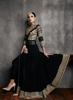 Black11003E Georegtte Floor Length Party Wear Embroidered Suit at ZIkimo