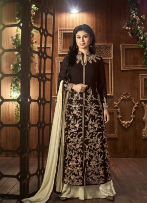 Mony Roy ChocolateBrown12023 Georgette Embroidered Straight Long Plazzo Suit at Zikimo