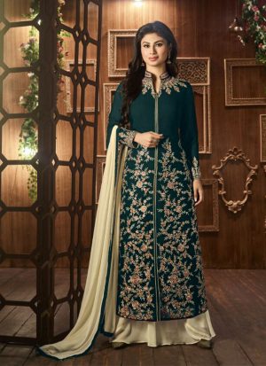 Mony Roy Green12024 Georgette Embroidered Straight Long Plazzo Suit at Zikimo