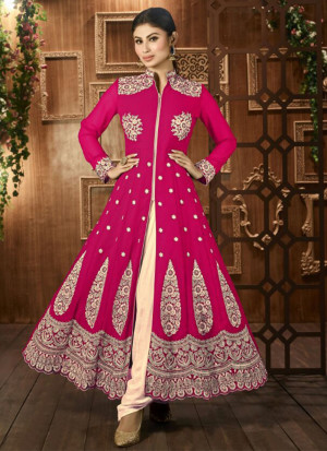 Mony Roy DeepPink12027 Georgette Embroidered Straight Ankel Length Suit at Zikimo