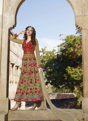 BiegeRed1444 Indosilk Anarkali0 Suit With Georgette Dupatta at Zikimo