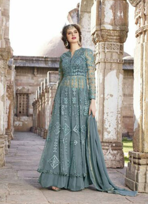 Grey1445 Net Embroidered Long Jacket Lehenga Choli With Georgette Dupatta at Zikimo