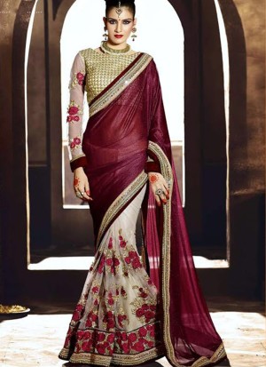Wine OffWhite1606 Lycra Net Party Wear Indian Wedding Saree at Zikimo