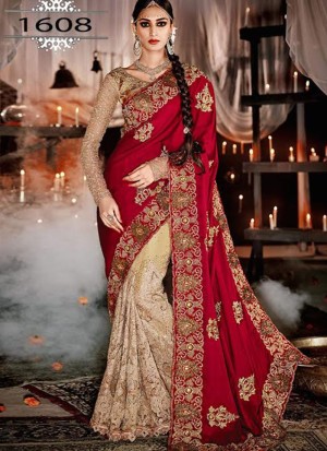 Maroon Biege1608 Silk Net Party Wear Indian Wedding Saree at Zikimo