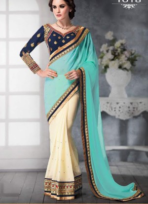 Blue Offwhite1618 Georgette Party Wear Indian Wedding Saree at Zikimo