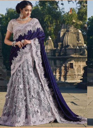 NavyBlue Grey1620 Georgette Net Party Wear Indian Wedding Saree at Zikimo
