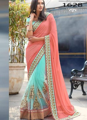 SkyBlue Carrot1628 Georgette Net Embroidererd Indian Wedding Saree at Zikimo