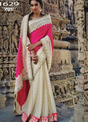 Pink Offwhite1629 PaeperSilk Net Embroidererd Indian Wedding Saree at Zikimo