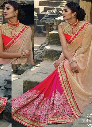 Bege Pink1630 Lycra Georgette Embroidererd Indian Wedding Saree at Zikimo