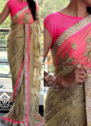 Pink Biege632 Net Embroidered Party Wear Indian Wedding Saree at Zikimo