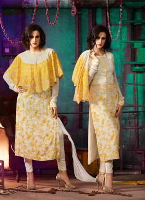 Yellow White7003B Embroidered Wedding Party Wear Silk Net Cape Suit at Zikimo