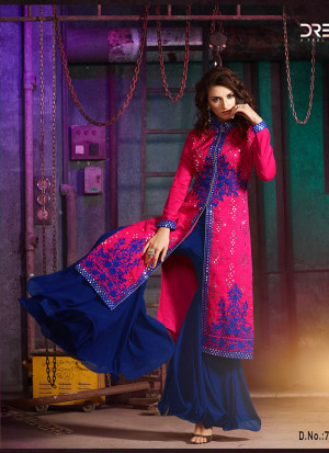 Blue Pink7004A Embroidered Wedding Party Wear Silk Plazzo Suit at Zikimo