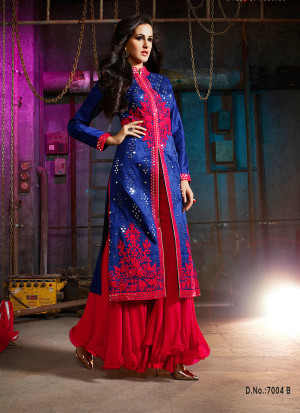 Blue Magenta7004B Embroidered Wedding Party Wear Silk Plazzo Suit at Zikimo